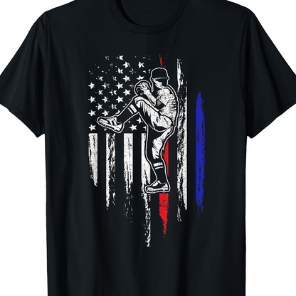 Men's Graphic T-Shirt American Flag With Sketched Baseball Player And Subtle Blue Red Stripes