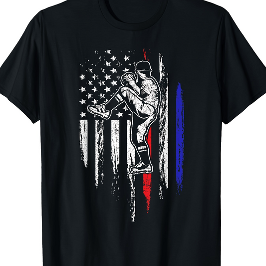 Men's Graphic T-Shirt American Flag With Sketched Baseball Player And Subtle Blue Red Stripes