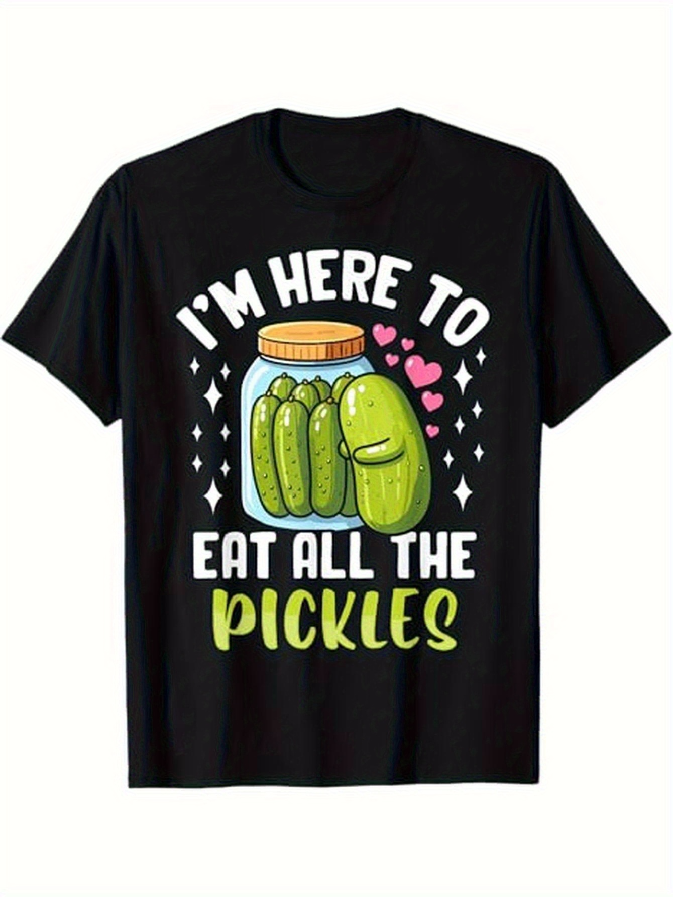 Men's Graphic T-Shirt Im Here To Eat All The Pickles Surrounded By Cartoon Jar Hearts And Smiling Pickle Character
