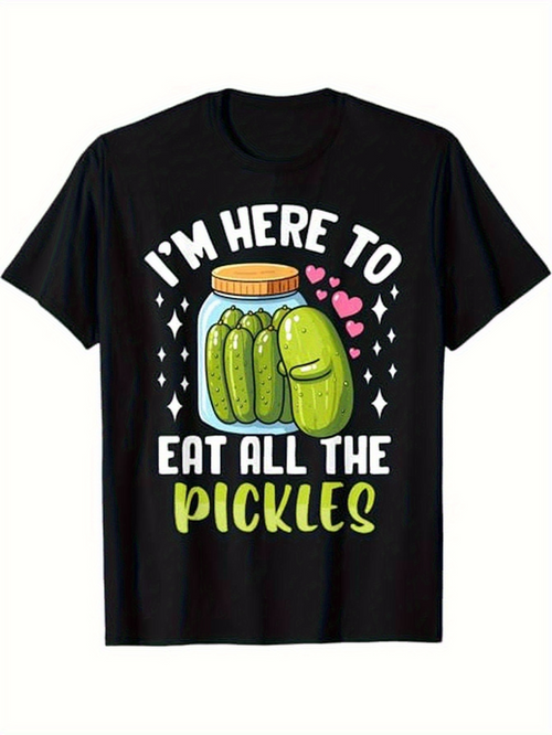 Men's Graphic T-Shirt Im Here To Eat All The Pickles Surrounded By Cartoon Jar Hearts And Smiling Pickle Character