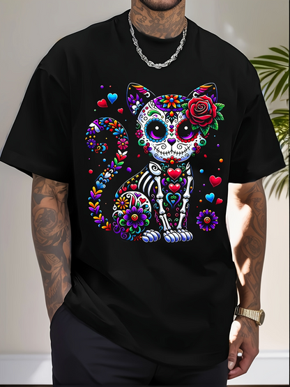 Men's Graphic T-Shirt Vivid Sugar Skull Floral Patterns Surrounding A Playful Skeleton Cat