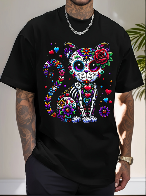 Men's Graphic T-Shirt Vivid Sugar Skull Floral Patterns Surrounding A Playful Skeleton Cat