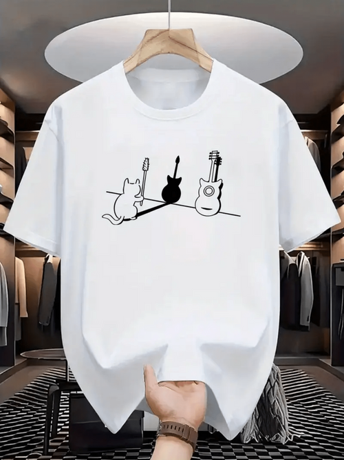 Men's Graphic T-Shirt Minimalist Cat Sitting With Guitars Under Bright Studio Lights Drawing