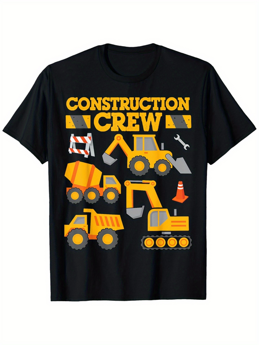 Men's Graphic T-Shirt Construction Crew With Yellow Digging Machines And Roadside Work Signs