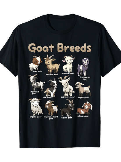 Men's Graphic T-Shirt Goat Breeds Cartoon Chart With Playful Farm Animal Illustrations