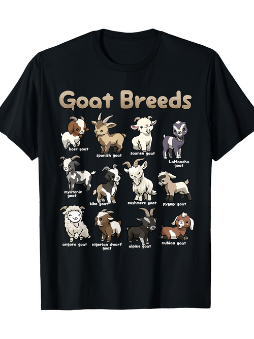 Men's Graphic T-Shirt Goat Breeds Cartoon Chart With Playful Farm Animal Illustrations