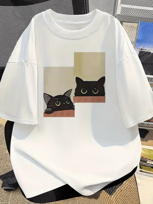 Men's Graphic T-Shirt Curious Black Cats Peeking Over Soft Colored Windowsill