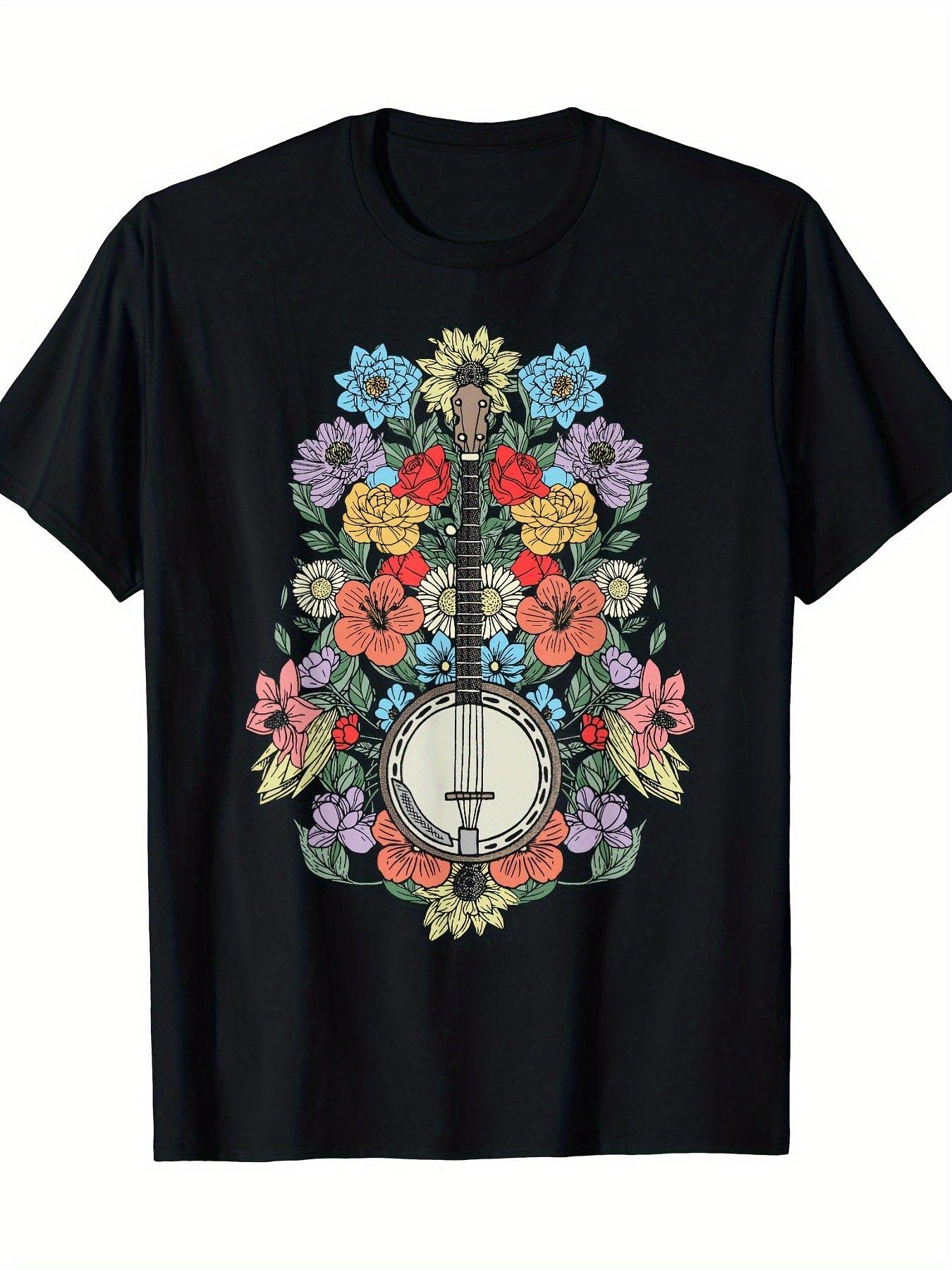 Men's Graphic T-Shirt Vivid Wildflowers With Vibrant Spring Colors Surrounding A Retro Banjo
