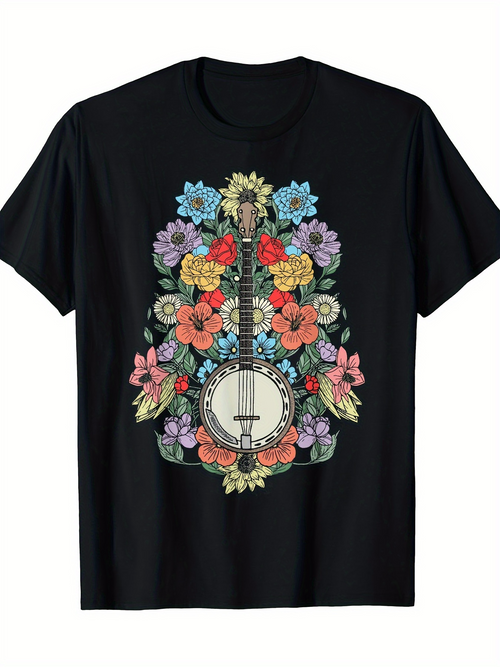Men's Graphic T-Shirt Vivid Wildflowers With Vibrant Spring Colors Surrounding A Retro Banjo