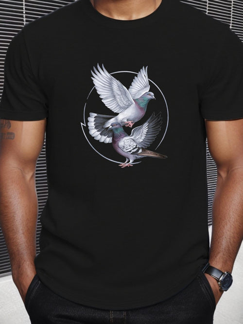 Men's Graphic T-Shirt Circular Motion With Two Gracefully Detailed White Flying Doves