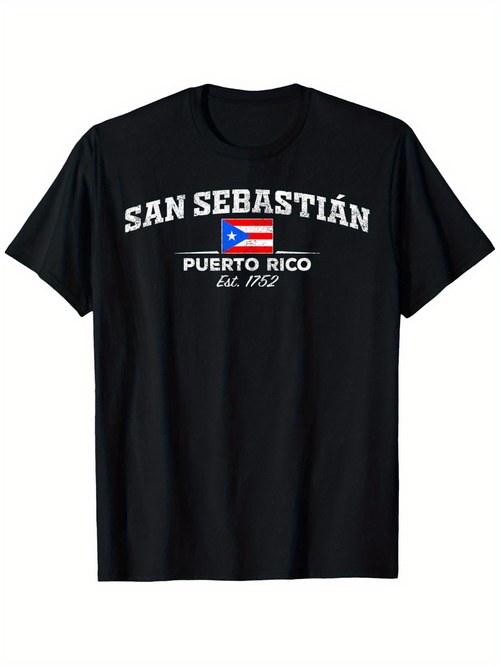 Men's Graphic T-Shirt San Sebastian Puerto Rico With Flag Centered On Black Shirt