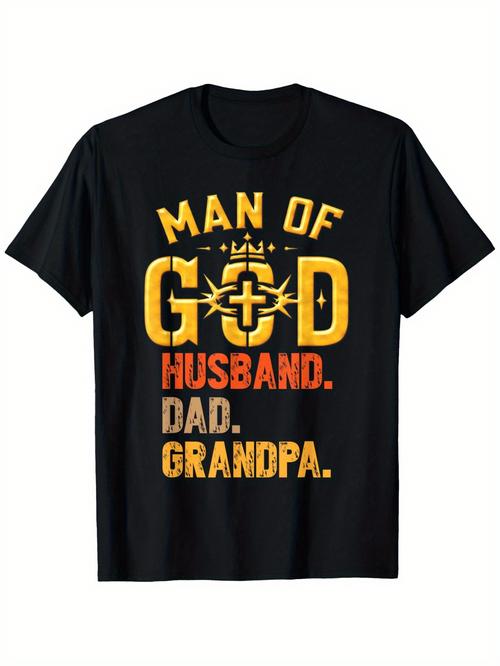 Men's Graphic T-Shirt Man Of God Husband Dad Grandpa Vintage Lettering With Bold Religious Cross