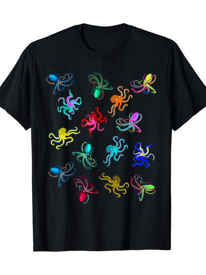 Men's Graphic T-Shirt Playful Neon Glow Underwater Dancing Colorful Octopus Design