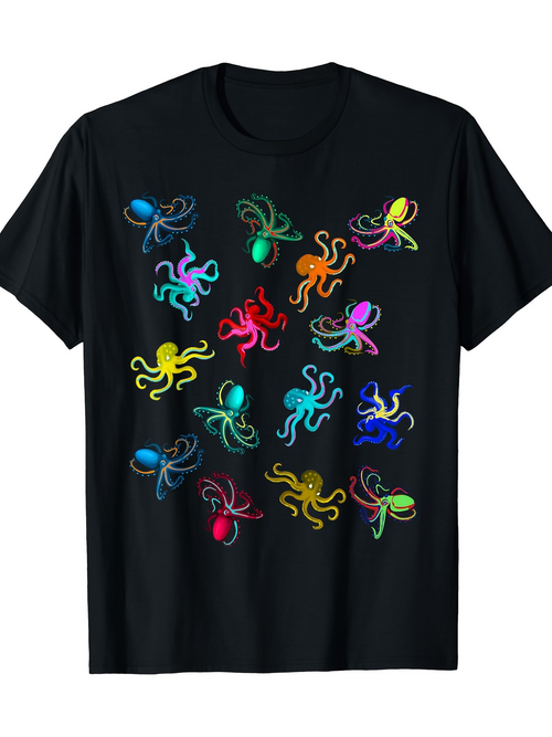 Men's Graphic T-Shirt Playful Neon Glow Underwater Dancing Colorful Octopus Design