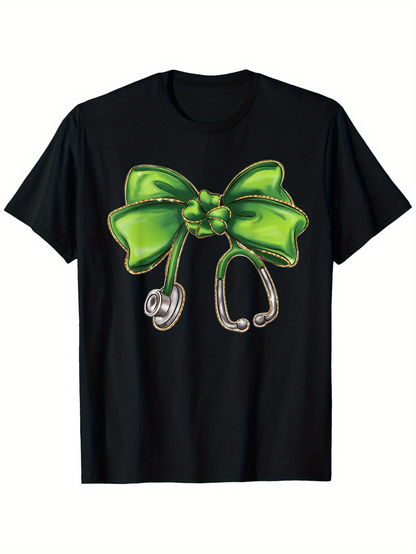 Men's Graphic T-Shirt Shiny Green Satin Bow With Metallic Silver Accents And Loop Shaped Ribbon Bow