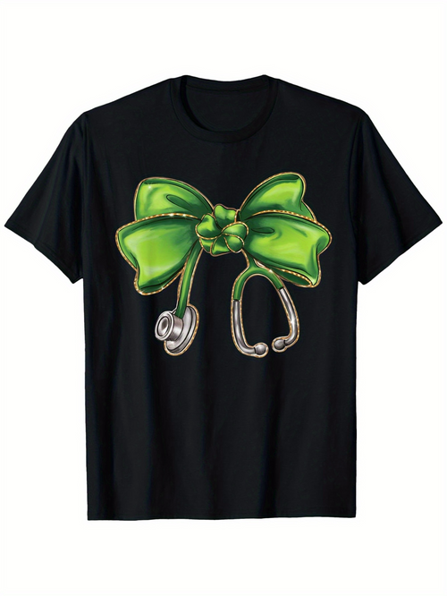 Men's Graphic T-Shirt Shiny Green Satin Bow With Metallic Silver Accents And Loop Shaped Ribbon Bow