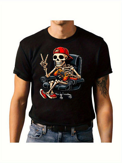 Men's Graphic T-Shirt Cool Chair Sitting Skeleton With Red Hat Peace Hand Gesture