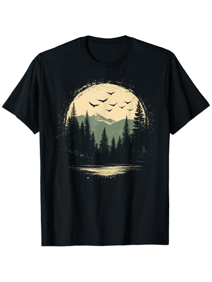 Men's Graphic T-Shirt Peaceful Wilderness With Flying Birds Over Pine Forest Lake