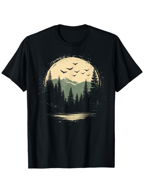 Men's Graphic T-Shirt Peaceful Wilderness With Flying Birds Over Pine Forest Lake