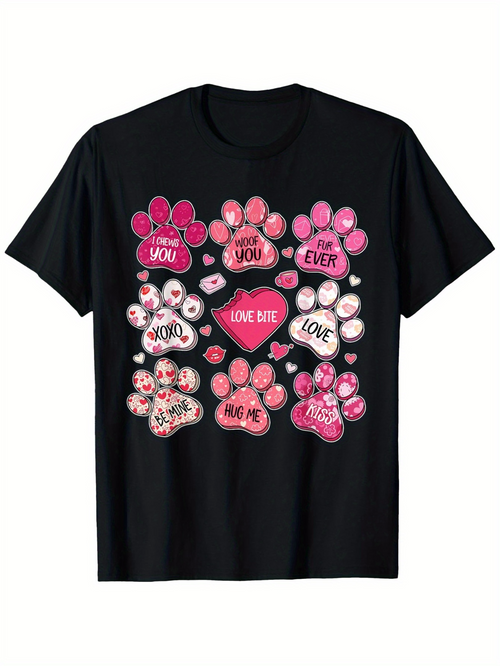 Men's Graphic T-Shirt Cute Hearts And Pink Paws With Positive Romantic Messages Paw Print