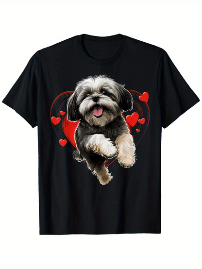 Men's Graphic T-Shirt Playful Shaggy Puppy Surrounded By Floating Red Hearts Dog