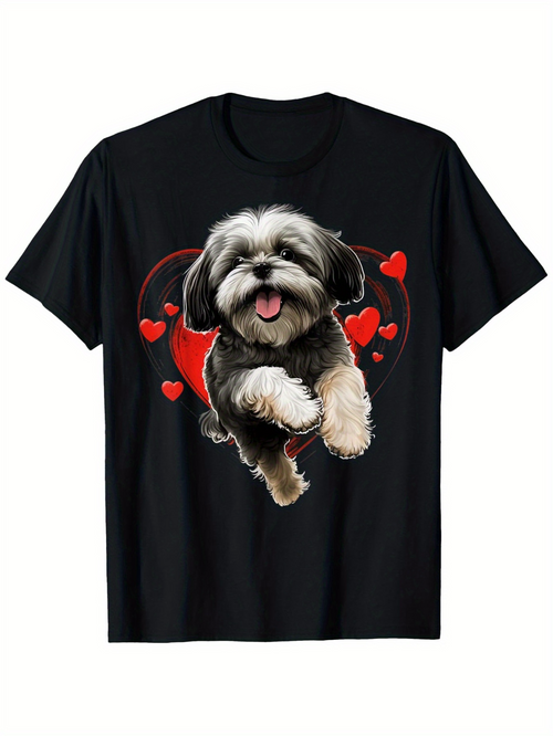 Men's Graphic T-Shirt Playful Shaggy Puppy Surrounded By Floating Red Hearts Dog