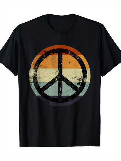 Men's Graphic T-Shirt Faded Retro Sunset With Grunge Distressed Peace Symbol Design