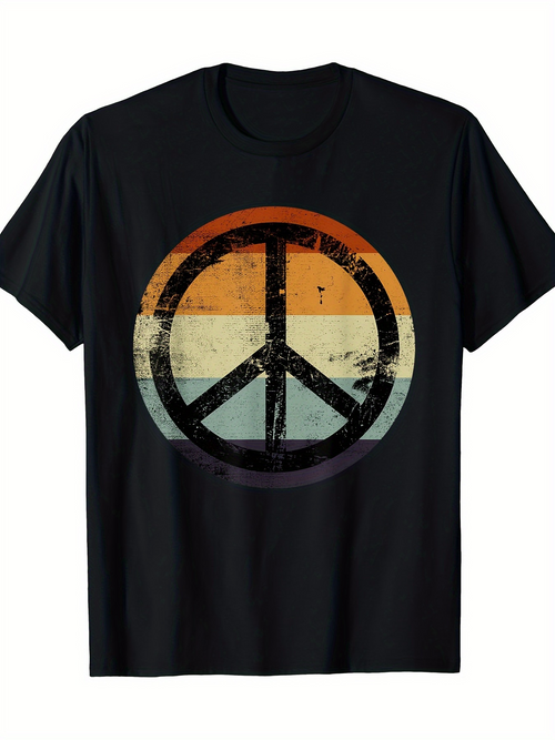 Men's Graphic T-Shirt Faded Retro Sunset With Grunge Distressed Peace Symbol Design