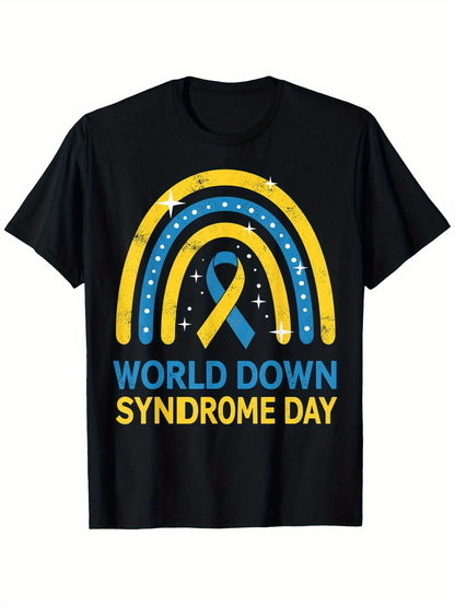 Men's Graphic T-Shirt World Down Syndrome Day Blue And Yellow Rainbow With Stars Awareness Ribbon