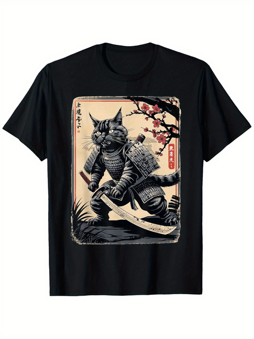 Men's Graphic T-Shirt Cherry Blossom Branch With Sword Wielding Samurai Cat Artwork