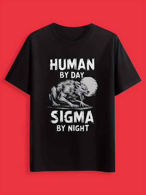Men's Graphic T-Shirt Human By Day Sigma By Night With Fierce Creature Under Full Moon