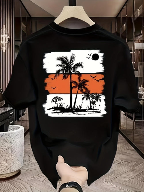 Men's Graphic T-Shirt Orange Sky With Palm Trees Silhouetted By Setting Sun Beach