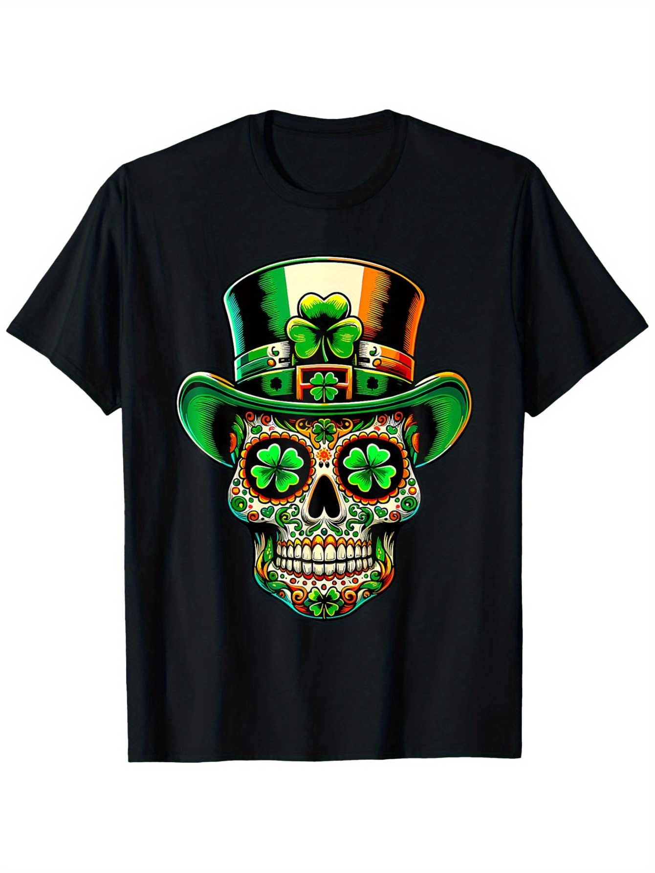 Men's Graphic T-Shirt Rainbow Shamrock Hat With Ornate Decorative Pattern Skull