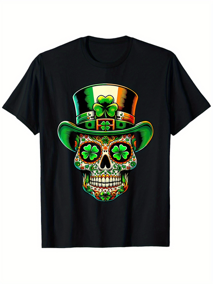 Men's Graphic T-Shirt Rainbow Shamrock Hat With Ornate Decorative Pattern Skull