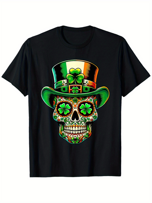 Men's Graphic T-Shirt Rainbow Shamrock Hat With Ornate Decorative Pattern Skull