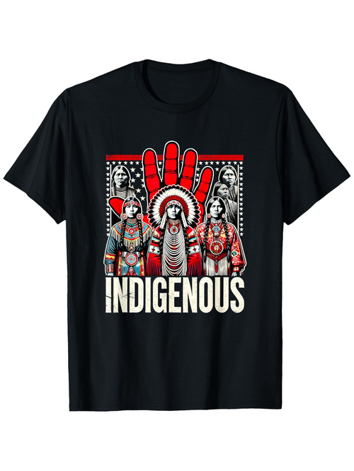 Men's Graphic T-Shirt Indigenous Cultural Portraits With Red Painted Handprint And Tribal Patterns