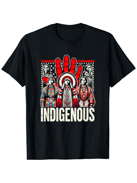 Men's Graphic T-Shirt Indigenous Cultural Portraits With Red Painted Handprint And Tribal Patterns