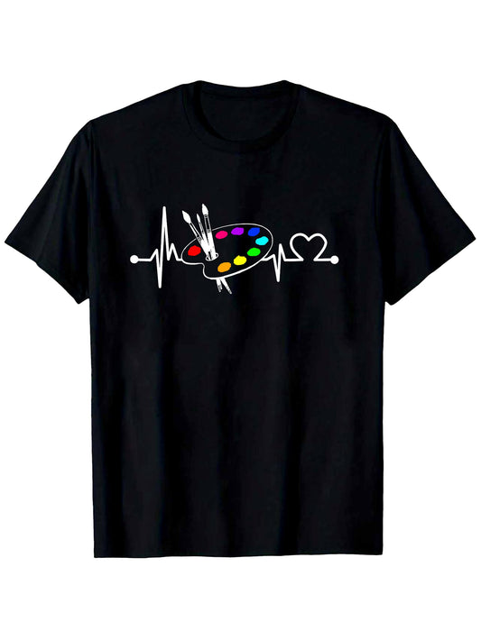 Men's Graphic T-Shirt Colorful Heartbeat With Artistic Palette And Painter Brushes