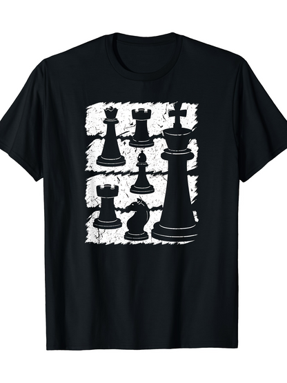 Men's Graphic T-Shirt Abstract Checkerboard With Shadowed Chess Pieces And Decorative Outlines King