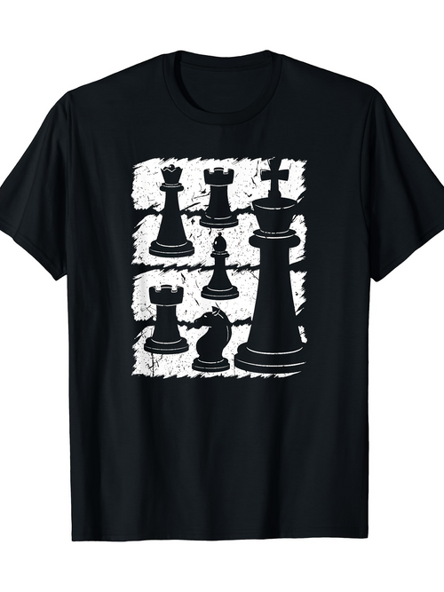 Men's Graphic T-Shirt Abstract Checkerboard With Shadowed Chess Pieces And Decorative Outlines King