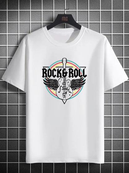 Men's Graphic T-Shirt Rock And Roll Guitar With Radiant Colorful Circular Wings