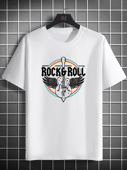 Men's Graphic T-Shirt Rock And Roll Guitar With Radiant Colorful Circular Wings