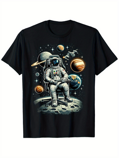 Men's Graphic T-Shirt Surreal Lunar Landscape With Planets Orbiting Under Cosmic Astronaut