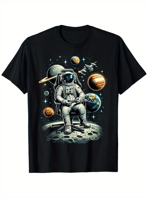 Men's Graphic T-Shirt Surreal Lunar Landscape With Planets Orbiting Under Cosmic Astronaut