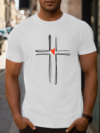 Men's Graphic T-Shirt Hand Drawn Cross With Red Heart Center Motif Design