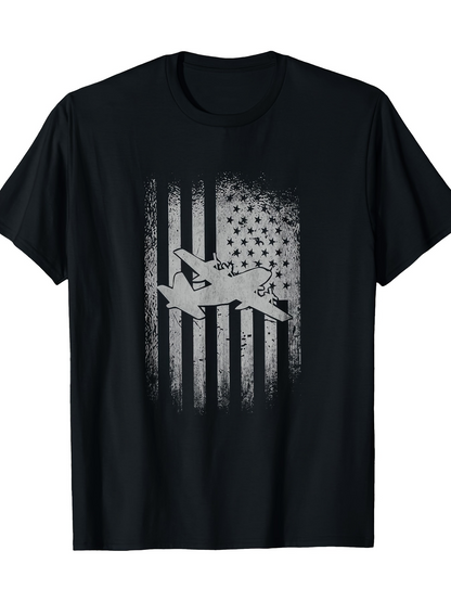 Men's Graphic T-Shirt Distressed American Flag With Warplane Silhouette Centered On Black Tee