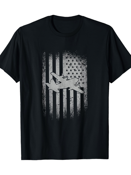 Men's Graphic T-Shirt Distressed American Flag With Warplane Silhouette Centered On Black Tee