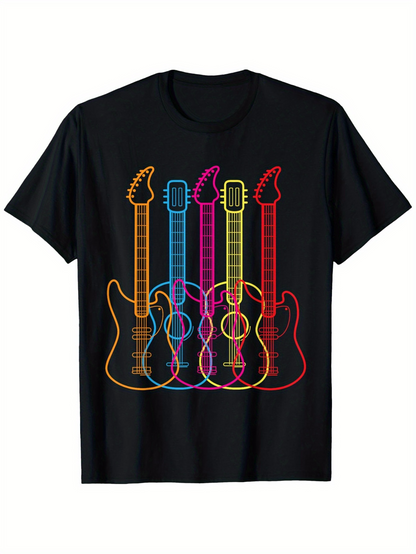 Men's Graphic T-Shirt Colorful Neon Line Art Overlapping Guitars On Black T Shirt Guitar