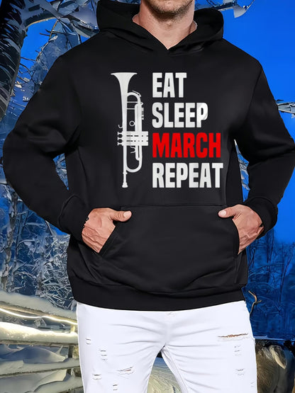 Men's Graphic Hoodie Eat Sleep March Repeat With Silver Brass Instrument Trumpet