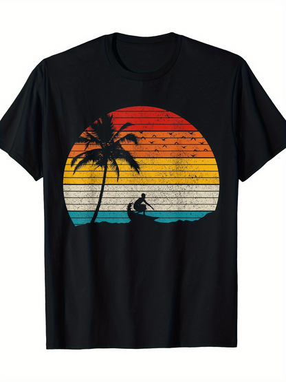 Men's Graphic T-Shirt Vintage Sunset With Surfboard And Palm Tree Silhouette Surfer